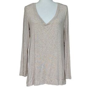 Sophie Max Tan Long Roll Tab Sleeves T-SHIRT V-neck Women Size M Relaxed Fit